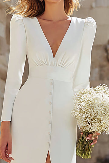 Simple Ivoire gaine profond col en V Maxi robe de mariée avec fente